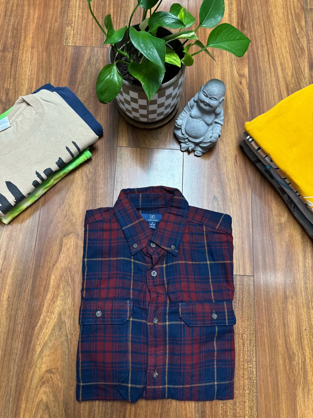 George Red and Navy Plaid Button-Down Shirt